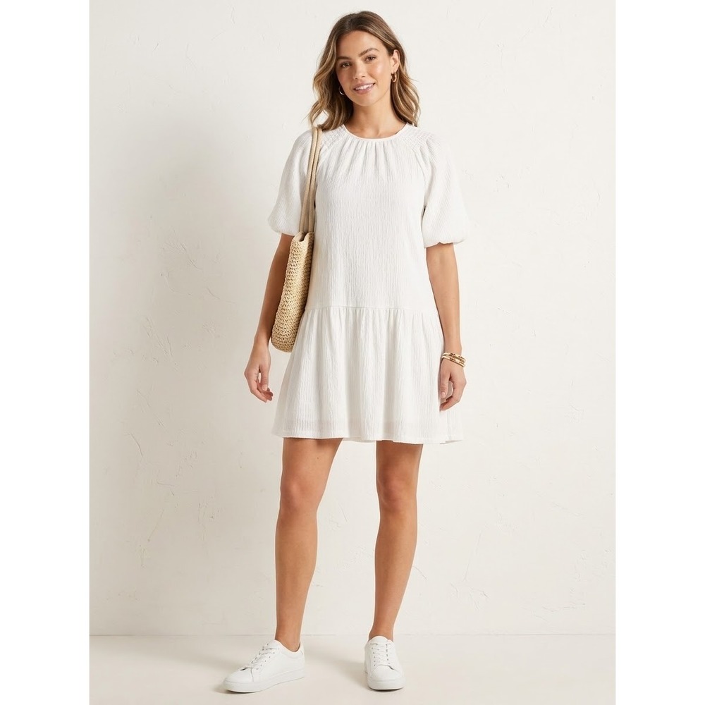Smocked Puff Sleeve Steve Madden White Seersucker Babydoll Dress Size S Small
